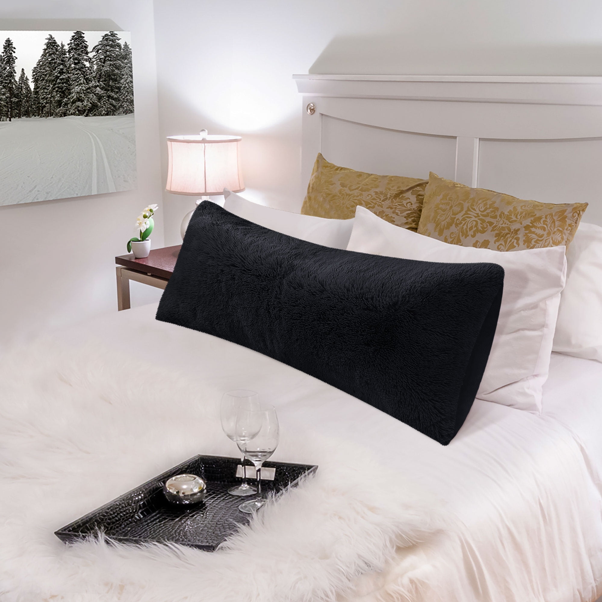 PiccoCasa 1 Pack Soft Faux Fur Body Pillow Cover with Zipper Black 20