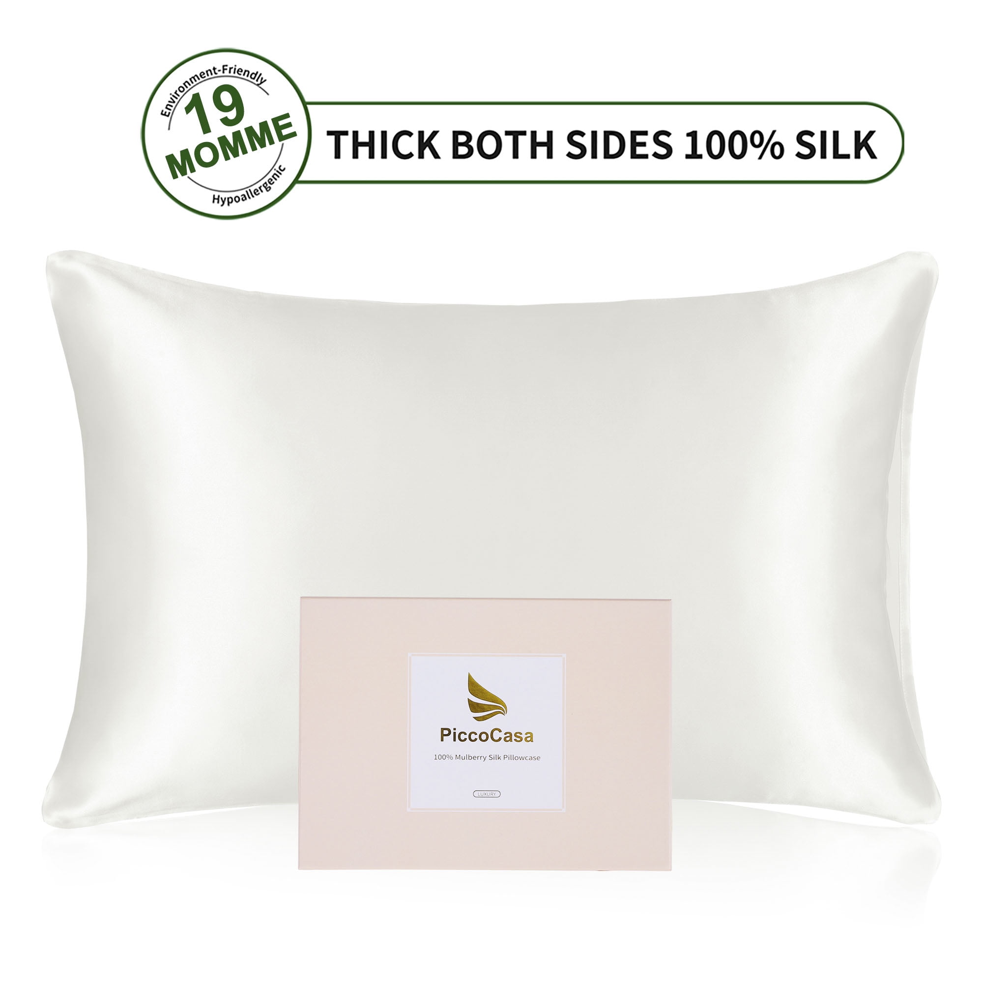 PiccoCasa 1 Pc 19 Momme Silk Pillowcase for Hair and Skin, King Pure White