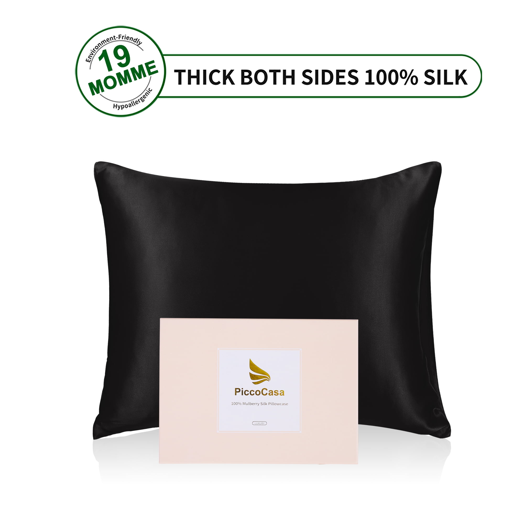 PiccoCasa 1 Pc 19 Momme Silk Pillowcase for Hair and Skin, Standard Black