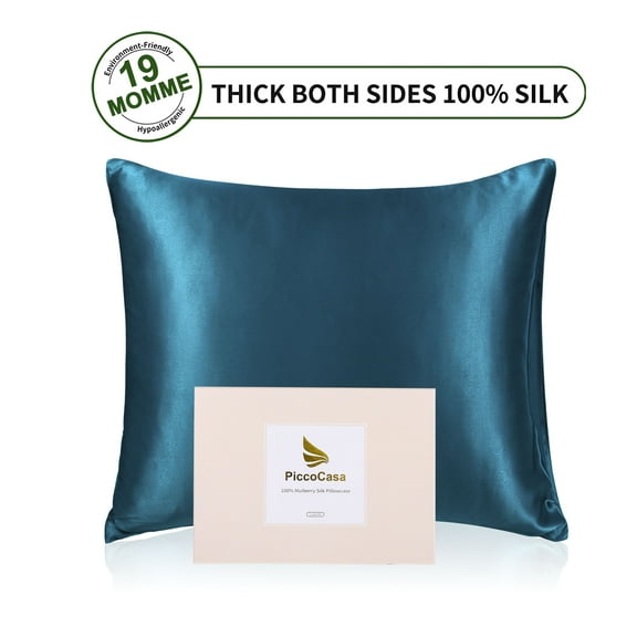 PiccoCasa 1 Pc 19 Momme Silk Pillowcase for Hair and Skin, Standard Peacock Blue