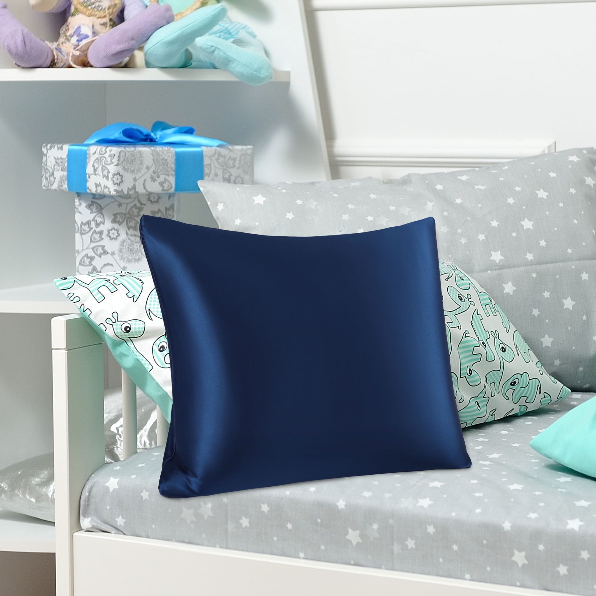 PiccoCasa 1 Pc 19 Momme Silk Pillowcase with Hidden Zipper Non-Standard Navy Blue 16" x 16"
