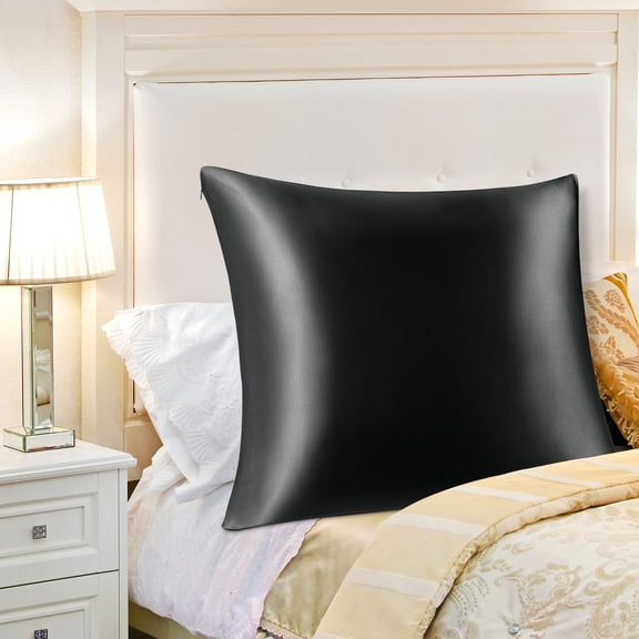 PiccoCasa 1 Pc 19 Momme Silk Pillowcase with Hidden Zipper Jumbo Black 31" x 31"
