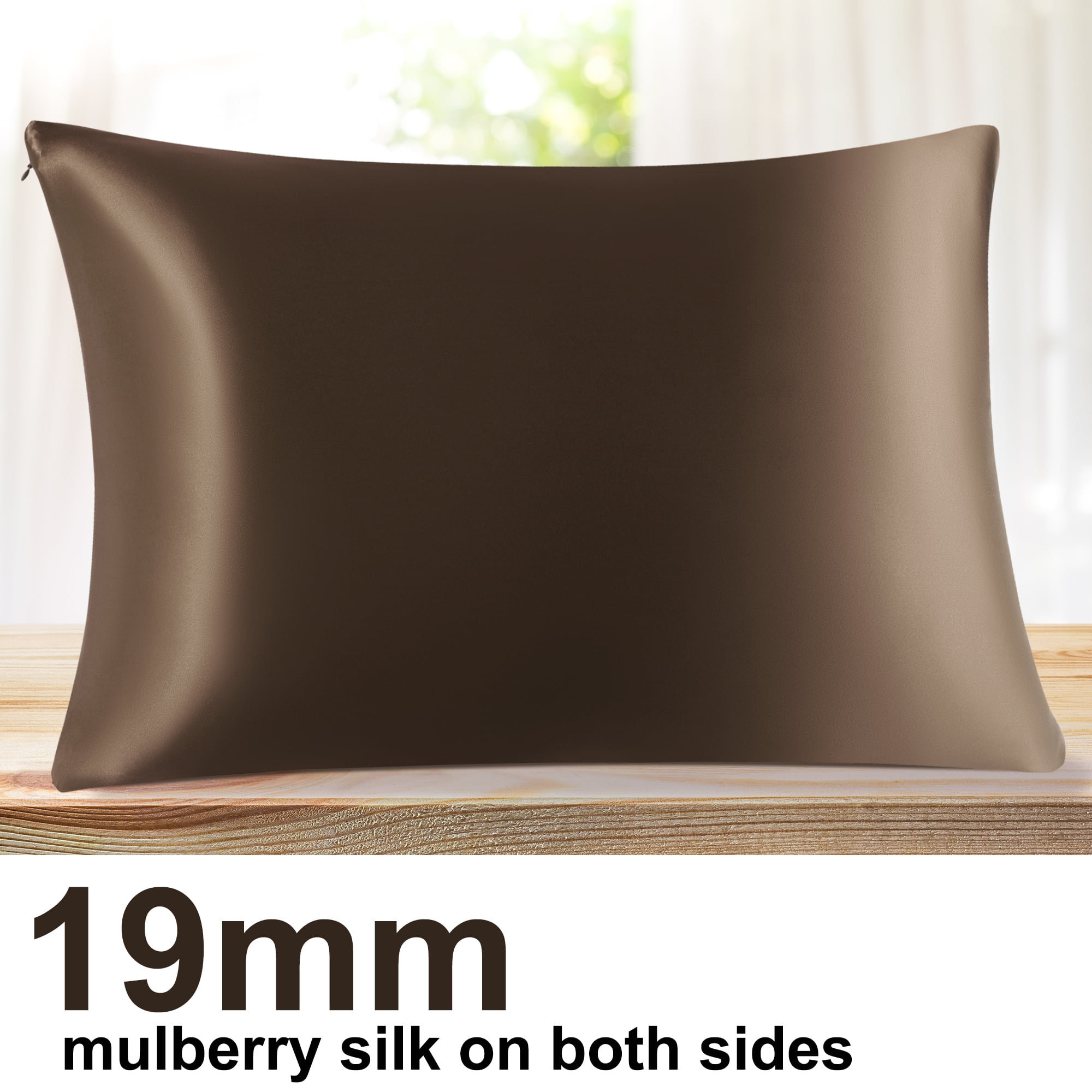PiccoCasa 1 Pc 19 Momme Silk Pillowcase with Hidden Zipper Standard/Queen Brown