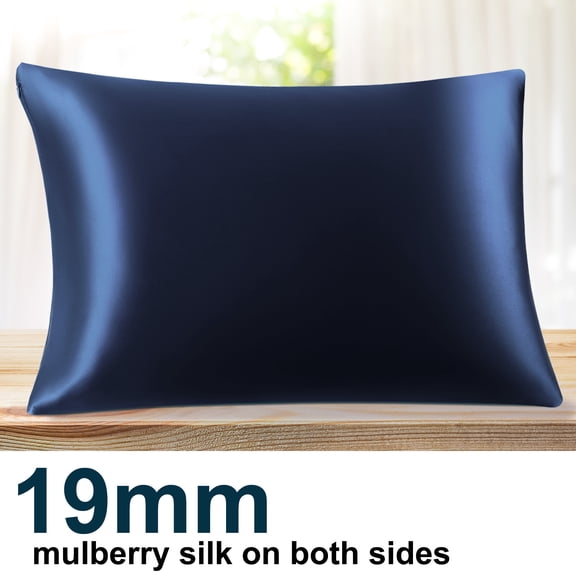 PiccoCasa 1 Pc 19 Momme Silk Pillowcase with Hidden Zipper Standard/Queen Navy Blue