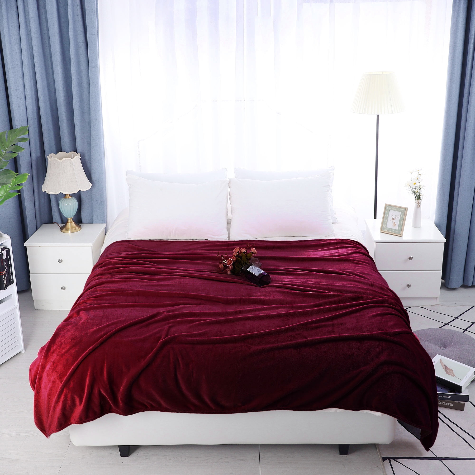 PiccoCasa 1 Pcs Home Warm Soft Microplush Fleece Solid Throw Blanket Burgundy 70" x 78"