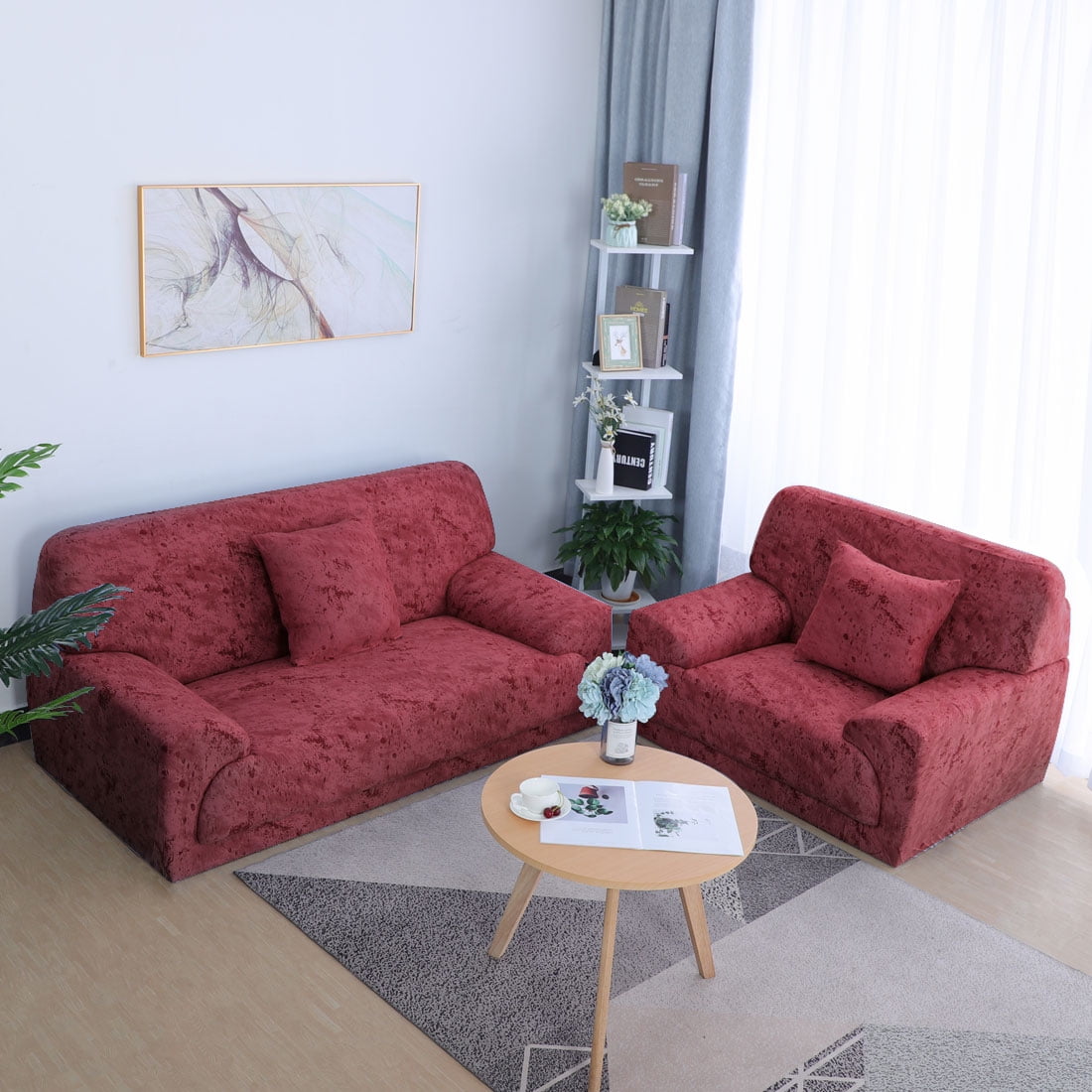 PiccoCasa 1 Seater Sofa Slipcover Ink Painting Printed Couch Cover, 35"-51", Wine Red
