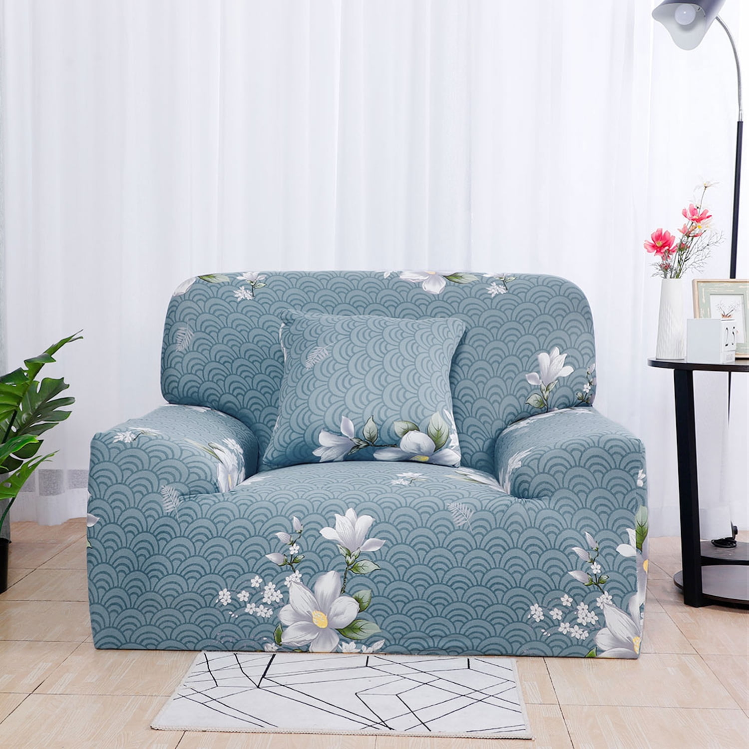 PiccoCasa 1 Seater Sofa Slipcover Spandex Couch Cover, Small White Blue