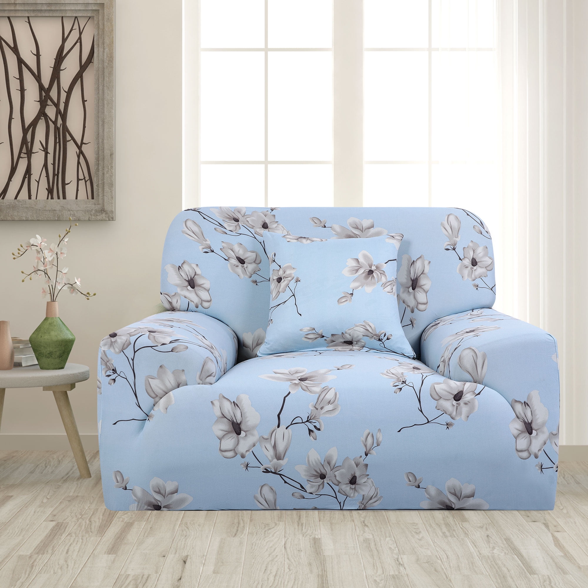 PiccoCasa 1 Seater Sofa Slipcover Spandex Floral Print Couch Cover, Small Sky Blue