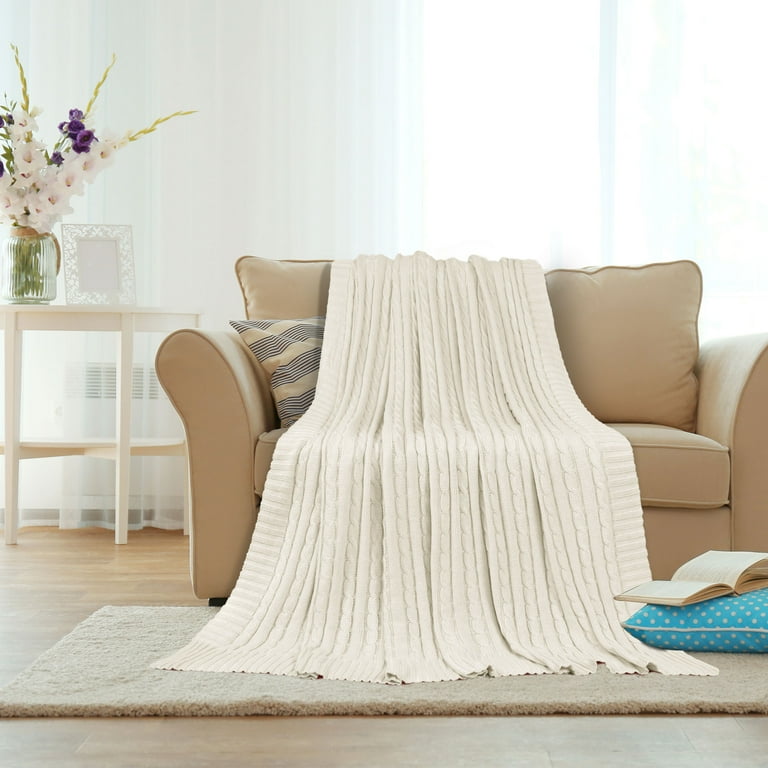 PiccoCasa 100 Cotton Cable Knit Throw Blanket Beige 50