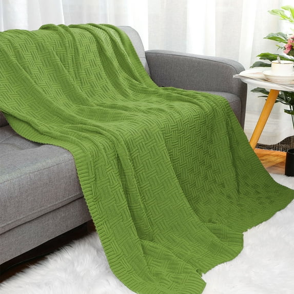 PiccoCasa 100% Cotton Cross Cable Knit Throw Blanket For Sofa Couch Bed Home Bedding, Green 60"x 78"
