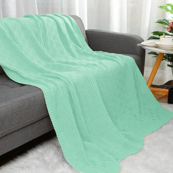 PiccoCasa 100% Cotton Cross Cable Knit Throw Blanket For Sofa Couch Bed Home Bedding, Light Green 47"x 70"