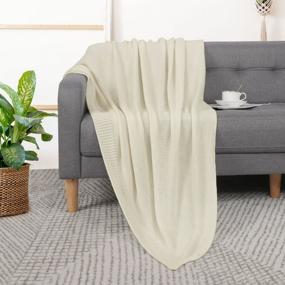 PiccoCasa 100% Cotton Soft Knitted Throw Solid Blanket for Couch Sofa Bedroom, Beige 50"x60"