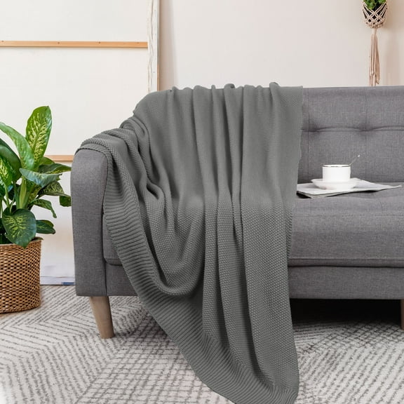PiccoCasa 100% Cotton Soft Knitted Throw Solid Blanket for Couch Sofa Bedroom, Gray 50"x60"