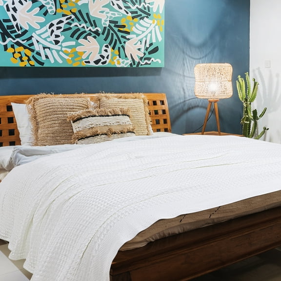 PiccoCasa 100% Cotton Waffle Weave Blanket for Couch/Bed Lightweight Blanket for All Season White 90" x 90"