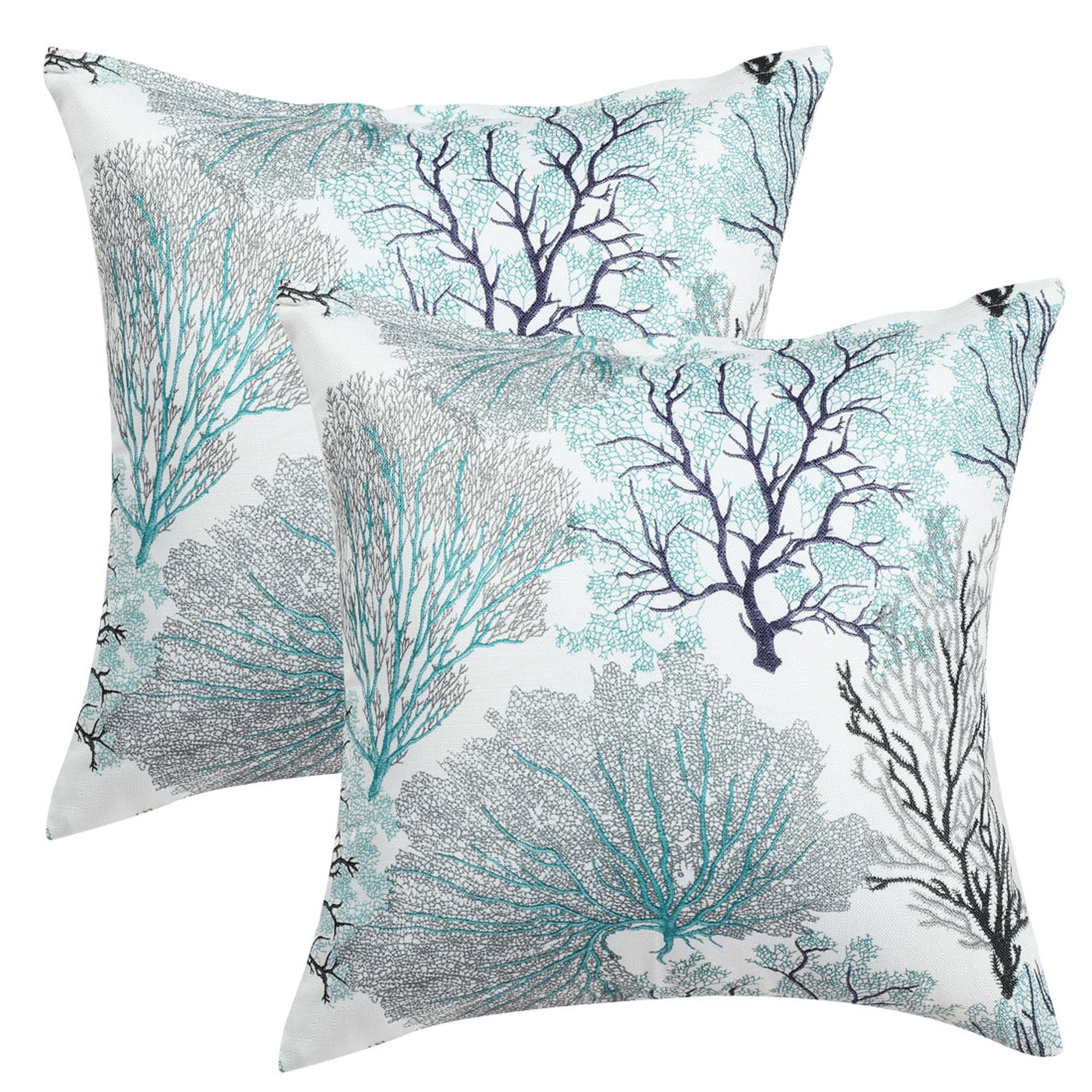 18" x 18" White and Blue Polyester Coastal Coral Print Pillow Covers