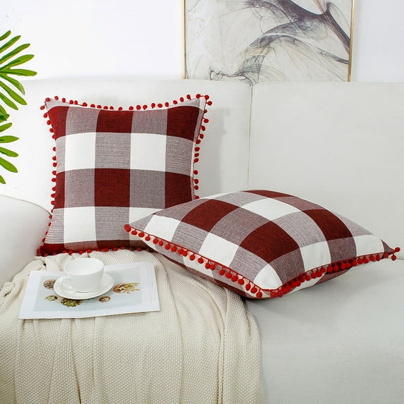 PiccoCasa 18"x18" Decorative Cushion Covers Pompoms Plaid Throw Pillow Covers Set of 2, Burgundy Beige Red