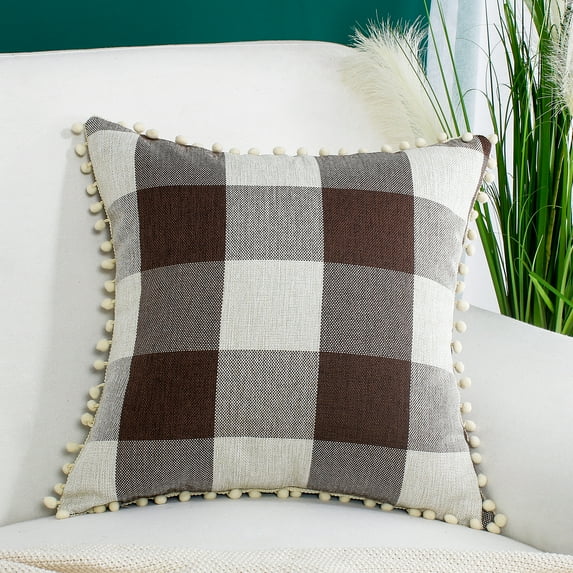 PiccoCasa 18"x18" Decorative Throw Pillowcase Classic Retro Plaid Pompoms Cushion Cover, Brown and White