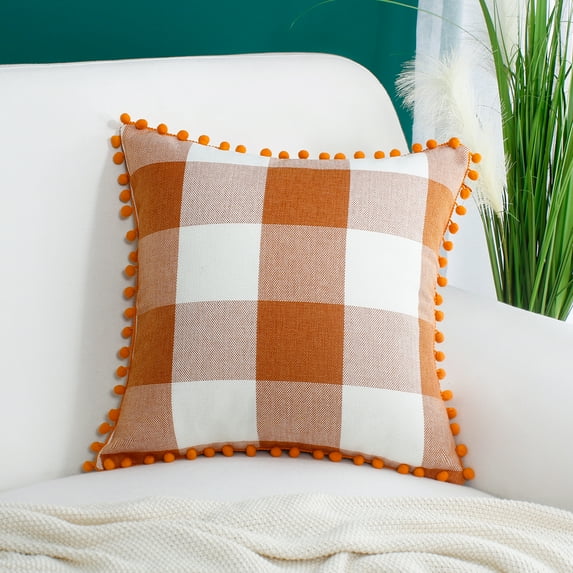 PiccoCasa 18"x18" Decorative Throw Pillowcase Classic Retro Plaid Pompoms Cushion Cover, Orange and Beige