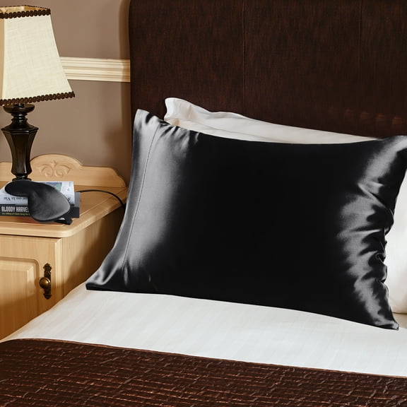 PiccoCasa 19 Momme Silk Pillowcase with Eye Cover Set Queen Black
