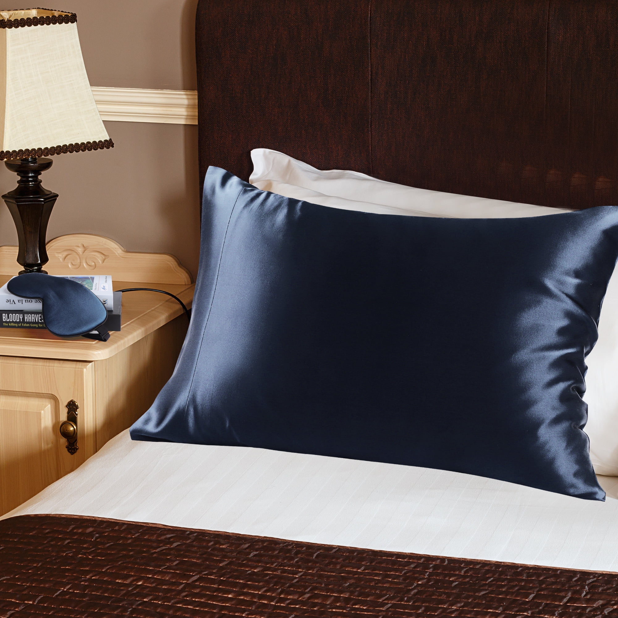 PiccoCasa 19 Momme Silk Pillowcase with Eye Cover Set Queen Navy Blue