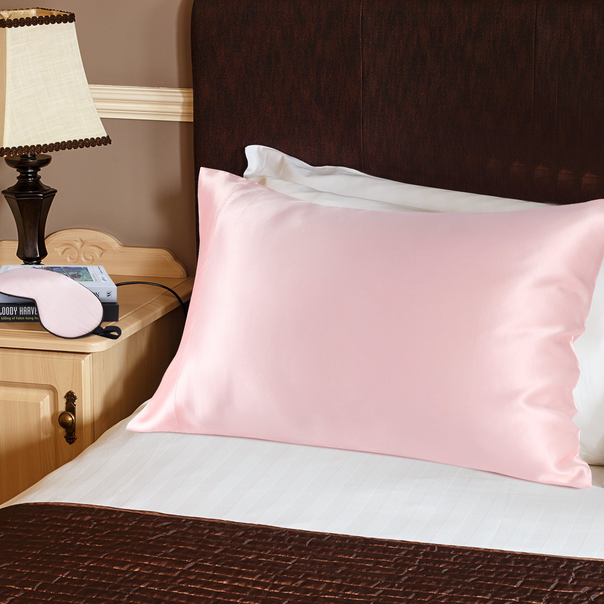 PiccoCasa 19 Momme Silk Pillowcase with Eye Cover Set Queen Pink