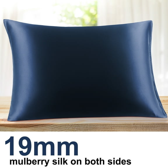PiccoCasa 1Pc 19 Momme Silk Pillow Cover with Envelope Closure Navy Standard(20"x26")