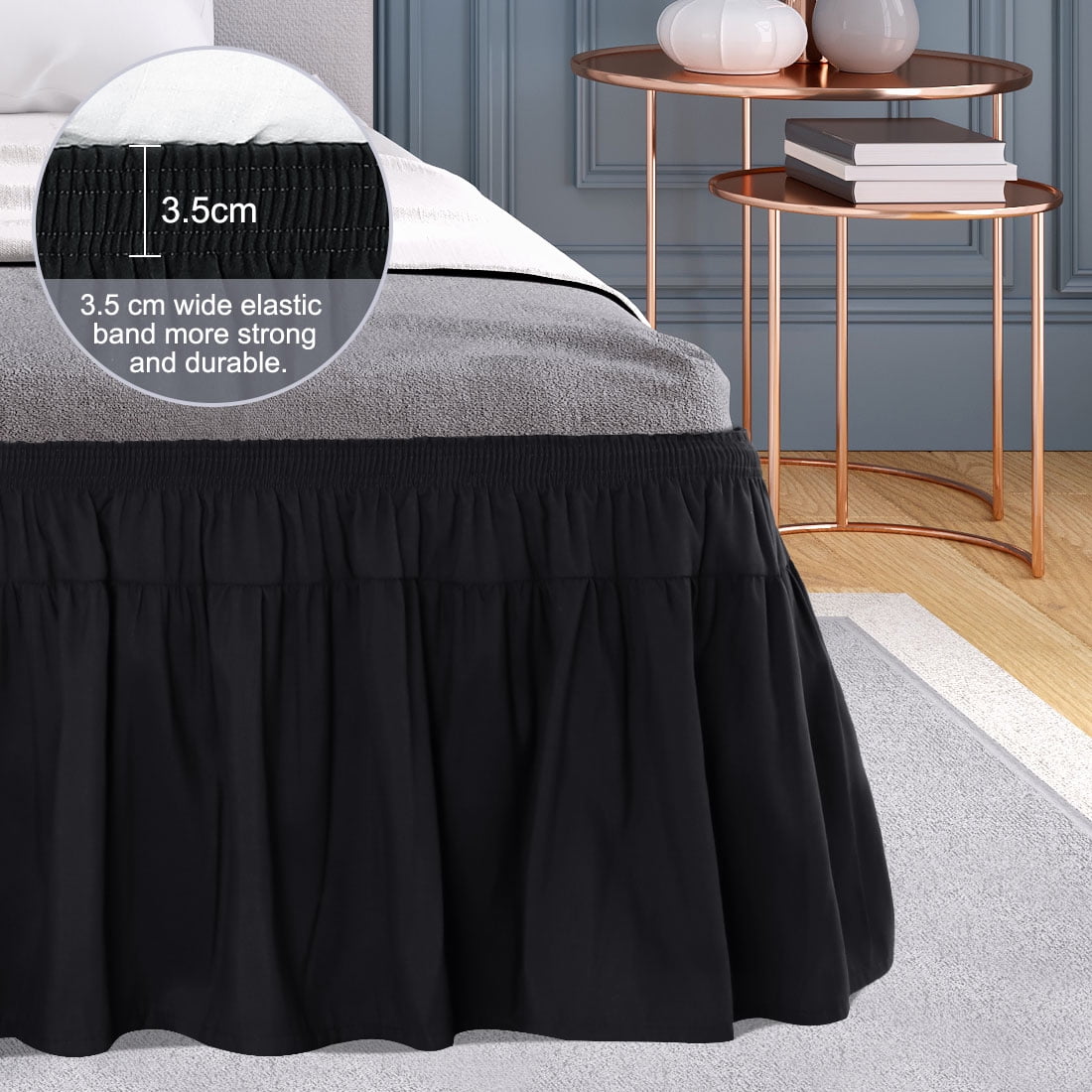 PiccoCasa 1Pcs Polyester Brushed Bed Skirt Elastic Dust Ruffles 16 Inch Drop Queen Black