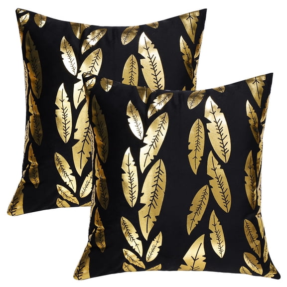 PiccoCasa 2 Pack Decorative Throw Pillow Covers for Home Office, 18"x18" Gold Leaves/Black