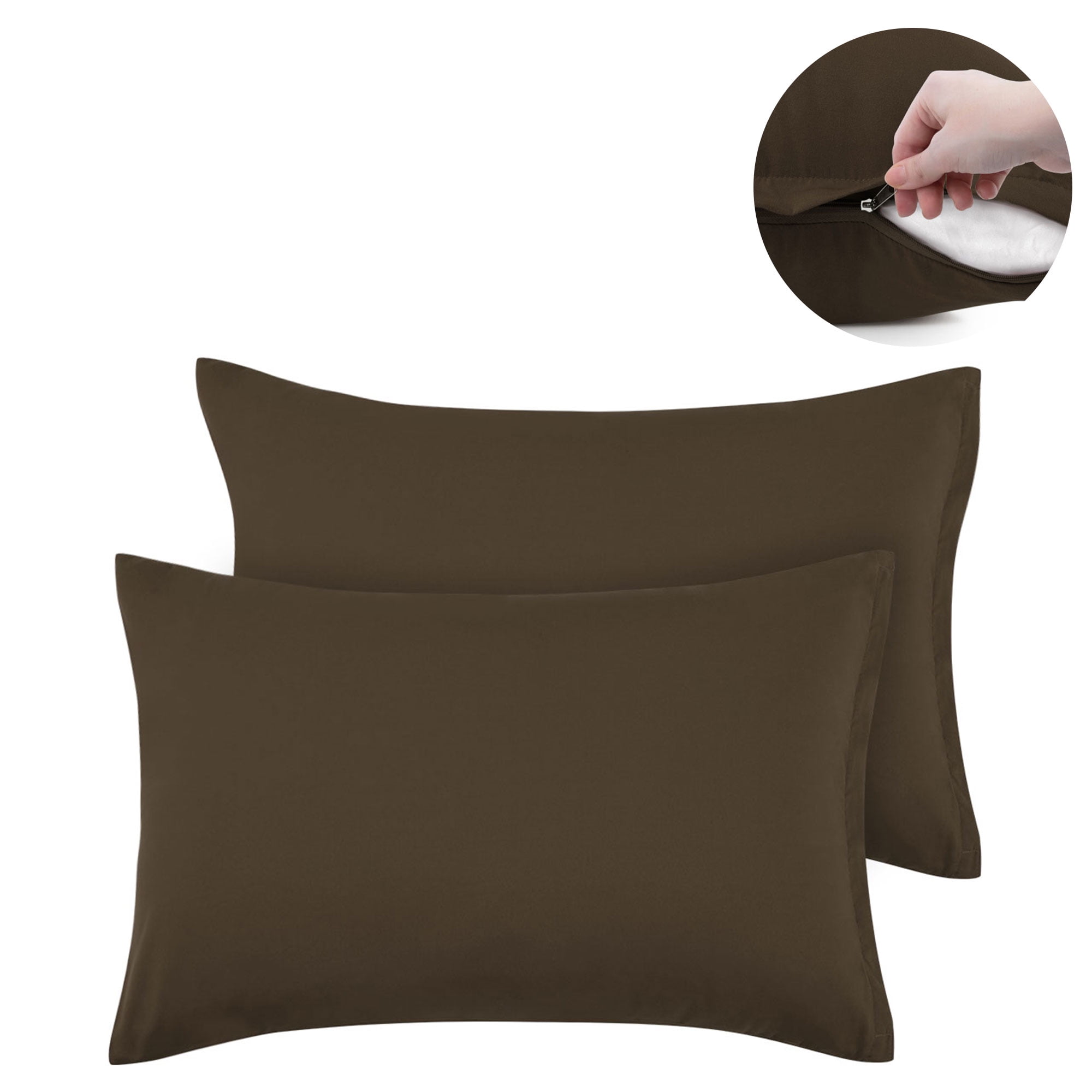 PiccoCasa 2 Pack Microfiber Pillowcases with Zipper Closure Brown