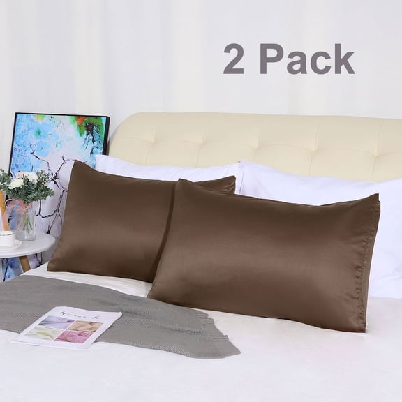 PiccoCasa 2 Pack Soft Silky Satin Envelope Pillowcases, Queen Brown