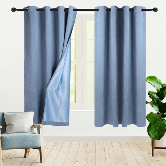 PiccoCasa 2 Panels Bedroom Linen Look Blackout Curtains Steel Blue 52" x 63"