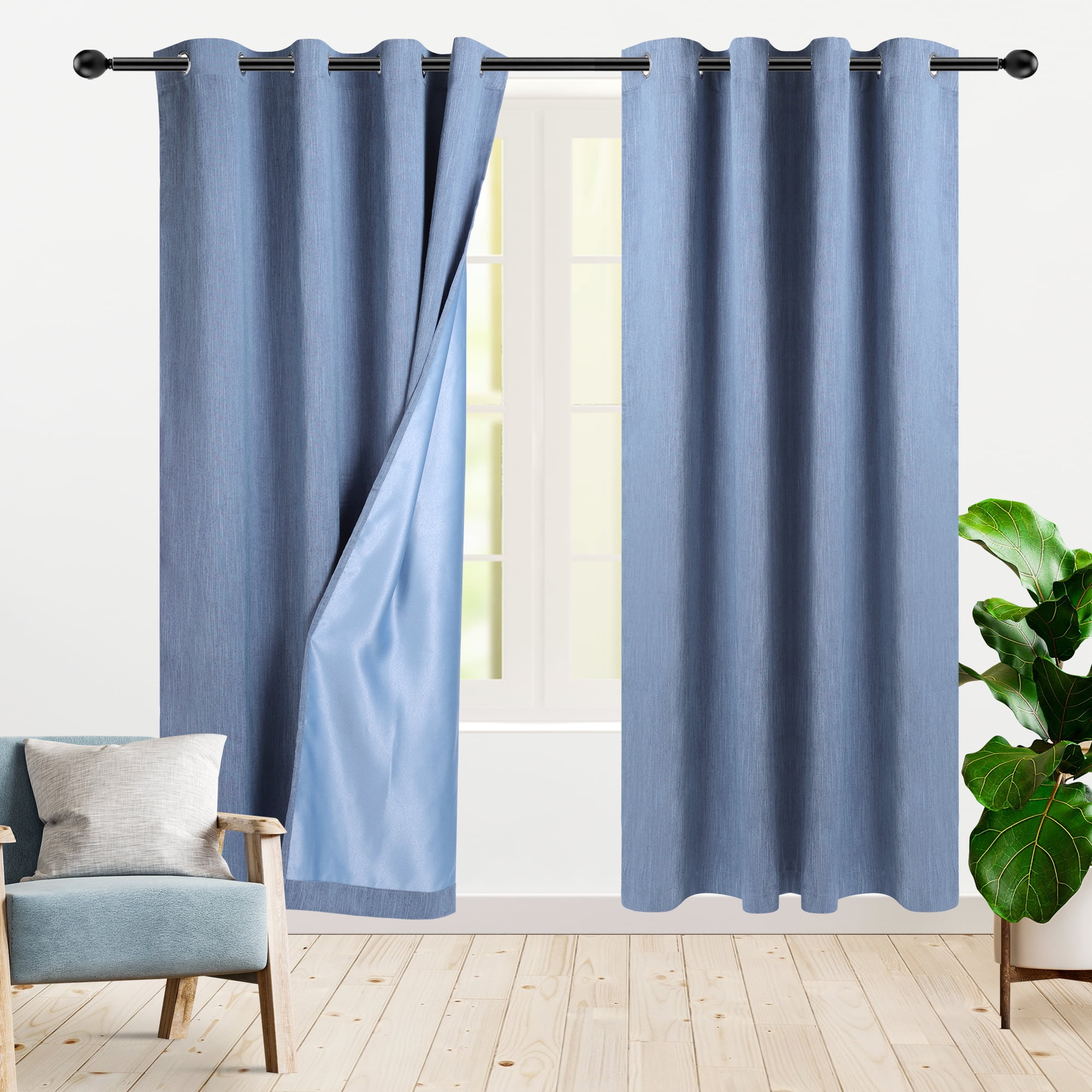 PiccoCasa 2 Panels Bedroom Linen Look Blackout Curtains Steel Blue 52" x 95"