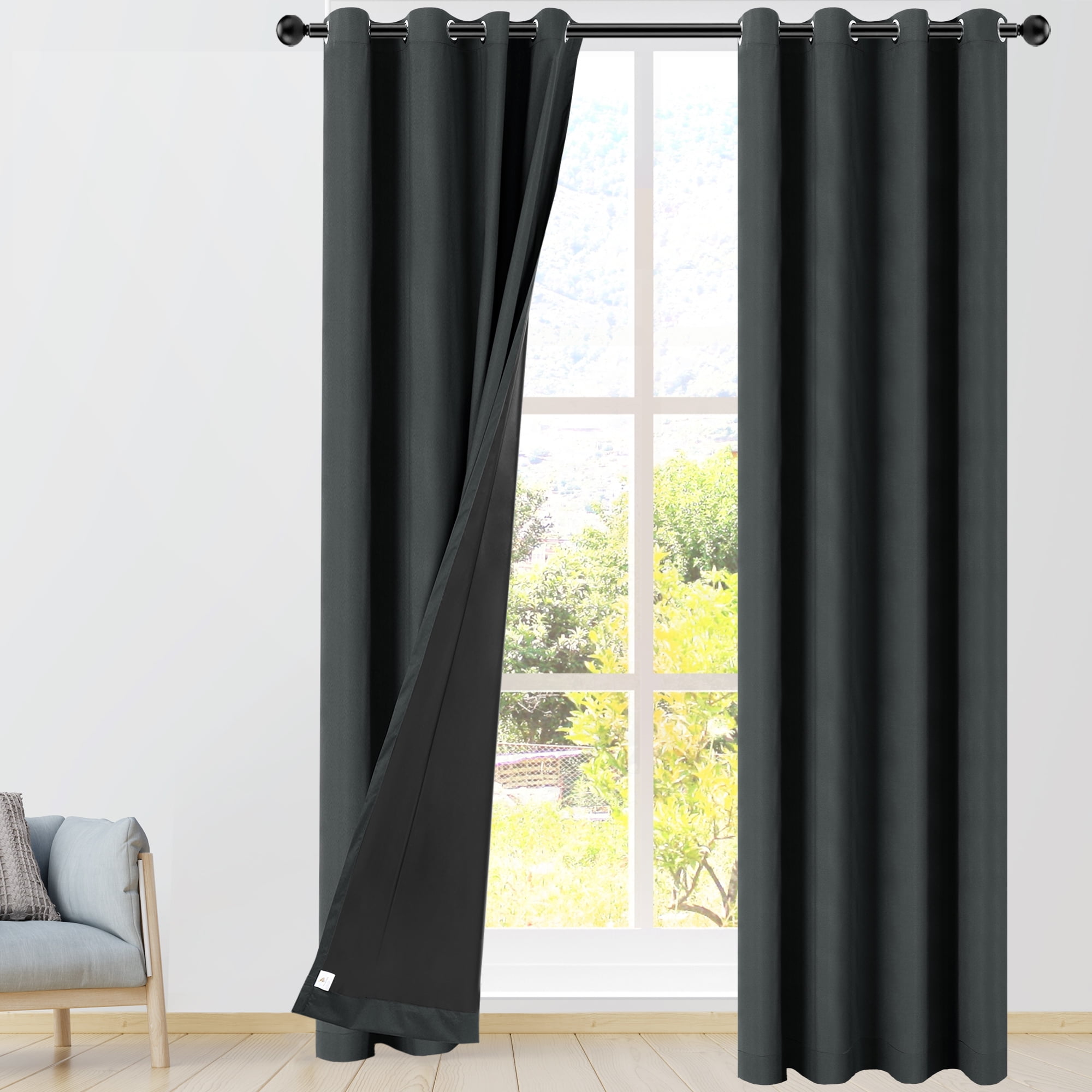 REGALWOVEN Blackout Curtains 2 Panels for Bedroom with Black Liner , Double Layer Grommet Thermal Insulated Living Room Curtain Black 52"Wx108"L