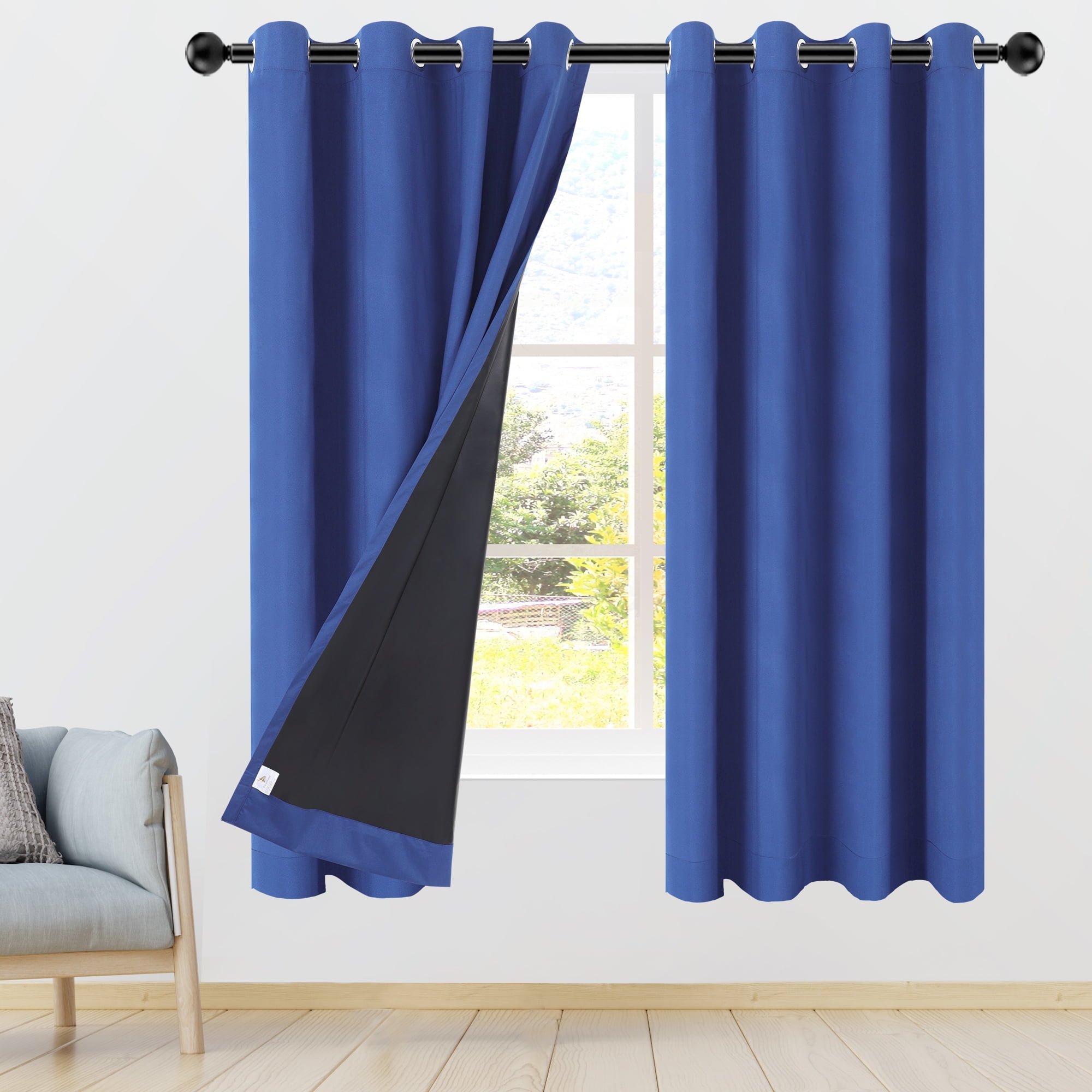 REGALWOVEN Blackout Curtains 2 Panels for Bedroom with Black Liner , Double Layer Grommet Thermal Insulated Living Room Curtain Dark Blue 52"Wx63"L