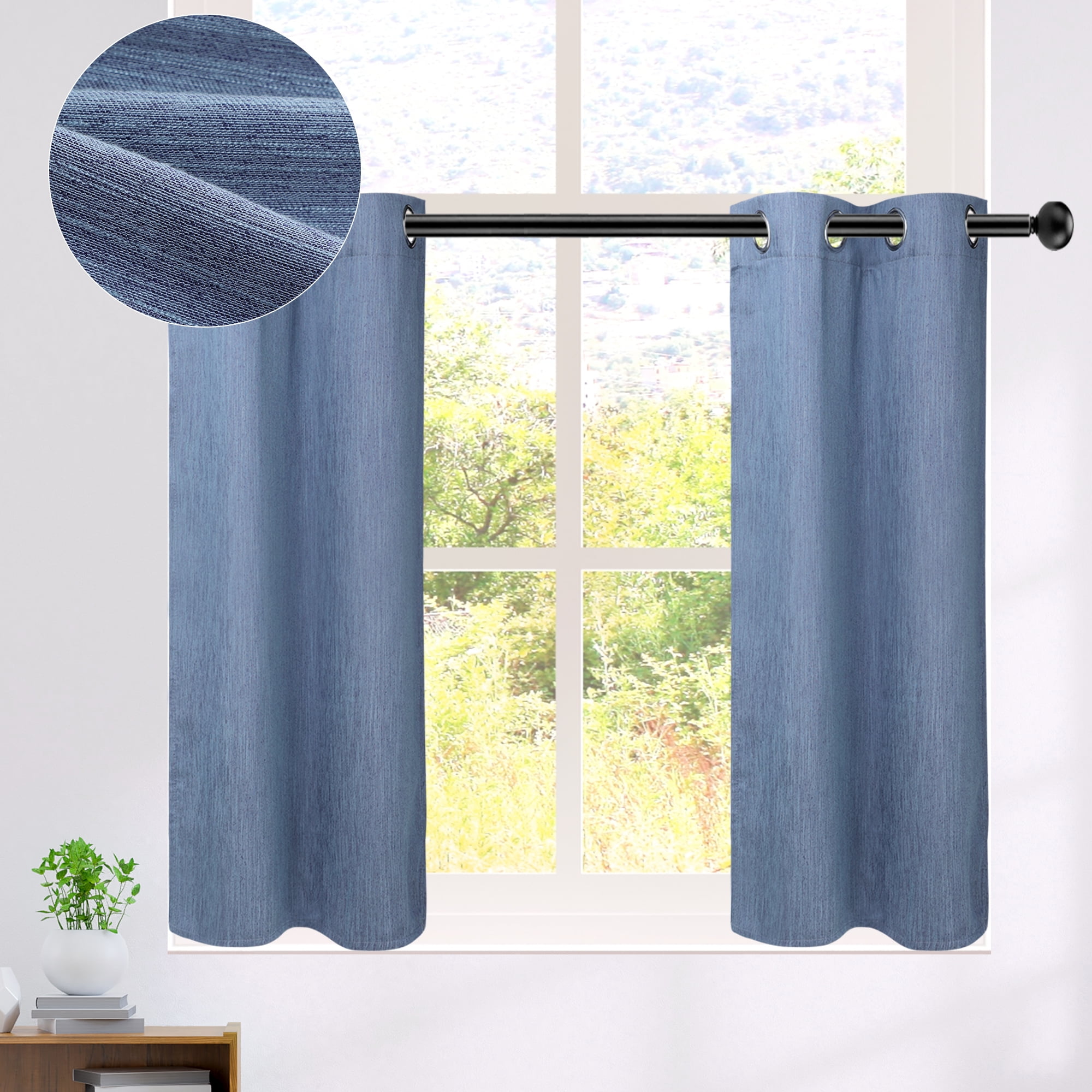 PiccoCasa 2 Panels Kitchen Linen Look Blackout Curtains Steel Blue 29"x36"