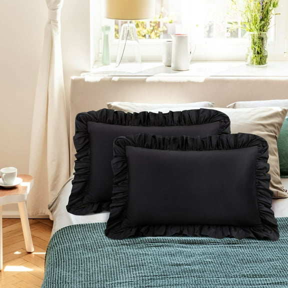 PiccoCasa 2 Pcs 100% Cotton Ruffled Pillowcases Soft with Envelope Black Standard