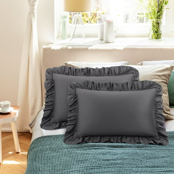 PiccoCasa 2 Pcs 100% Cotton Ruffled Pillowcases Soft with Envelope Dark Gray Standard