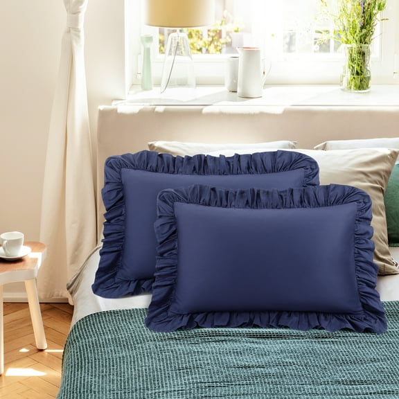 PiccoCasa 2 Pcs 100% Cotton Ruffled Pillowcases Soft with Envelope Navy Blue Queen