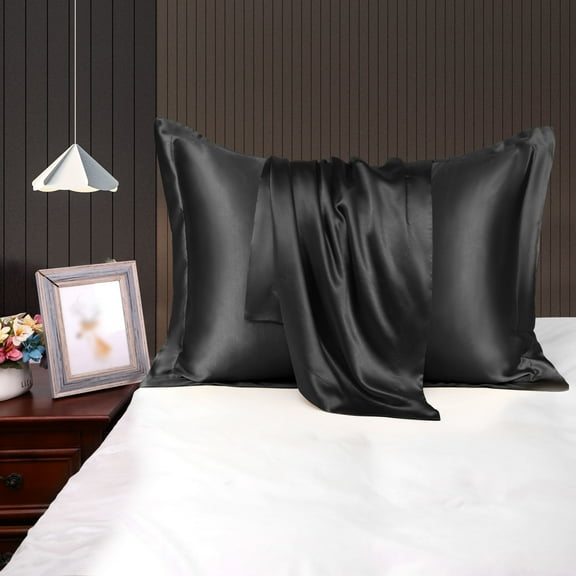 PiccoCasa 2 Pcs Retro Satin Pillow Cases for Hair and Skin with Envelope Closure Black Standard