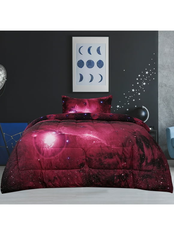 PiccoCasa 2 Piece Galaxies Comforter Set, Twin Red