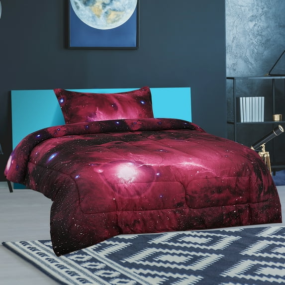 PiccoCasa 2 Piece Polyester Comforter Set Galaxies Quilt Set, Twin Red