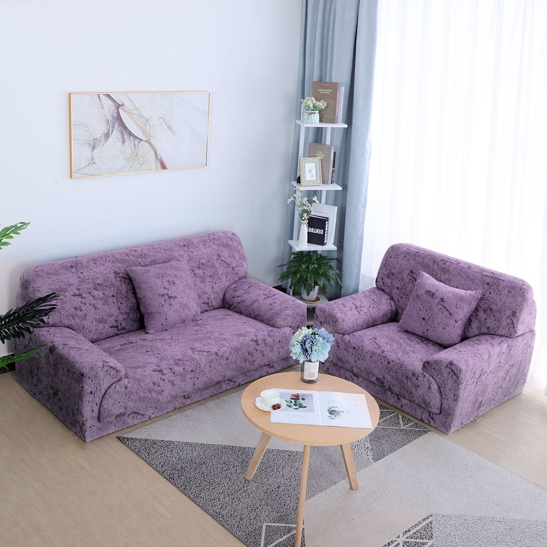 PiccoCasa 2 Seater Sofa Slipcover Ink Painting Printed Couch Cover, 57"-72", Pale Purple