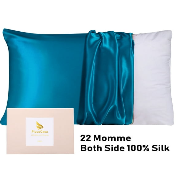 PiccoCasa 22 Momme Silk Pillowcase Queen Standard Silk Pillow Cover for Home, Peacock Blue 20"x26"