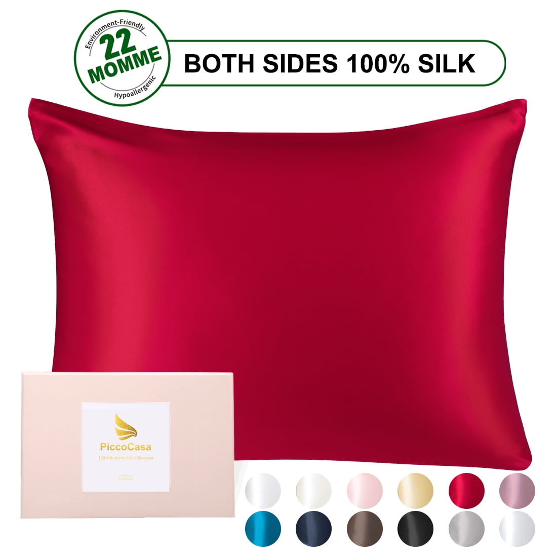 PiccoCasa 22 Momme Silk Pillowcase Zippered Bed Pillow Cover, Red Queen