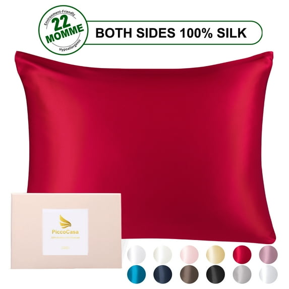 PiccoCasa 22 Momme Silk Pillowcase Zippered Bed Pillow Cover, Red Queen(20"x30")
