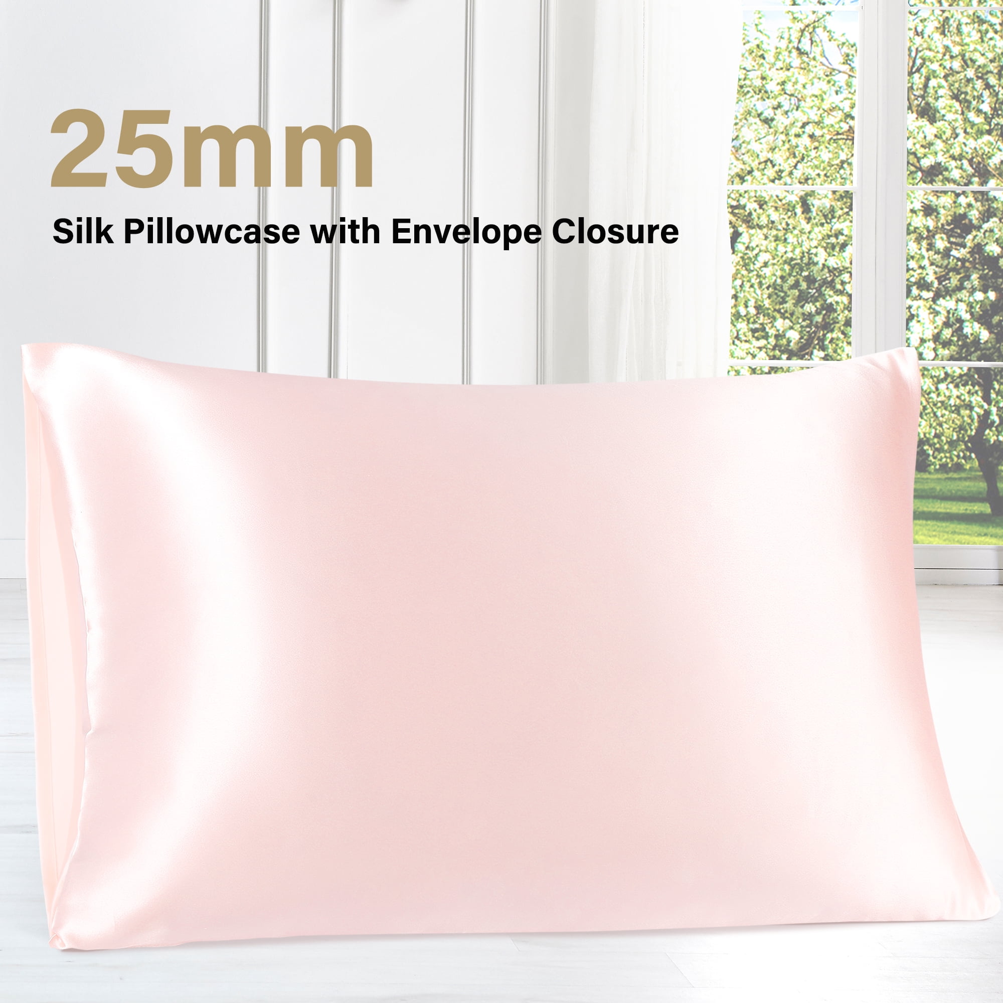PiccoCasa 25 Momme Silk Pillow Cover with Envelope Closure, Pink Standard(20"x26")