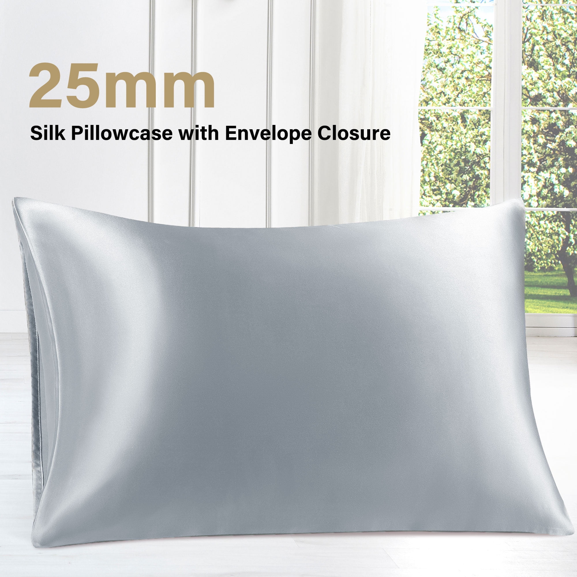 PiccoCasa 25 Momme Silk Pillow Cover with Envelope Closure, Silver Grey Queen(20"x30")