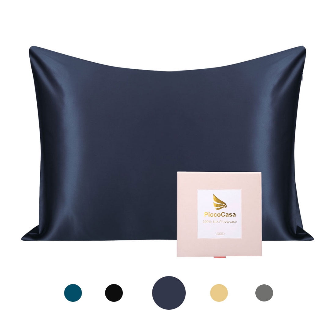 PiccoCasa 25 Momme Silk Pillowcase with Zipper Closure, Standard Navy Blue