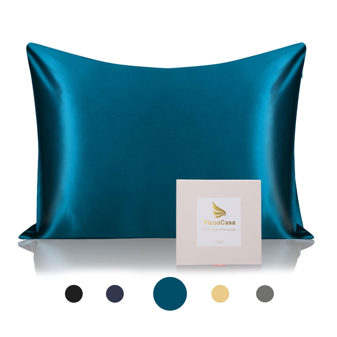 PiccoCasa 25 Momme Silk Pillowcase with Zipper Closure, Standard Peacock Blue