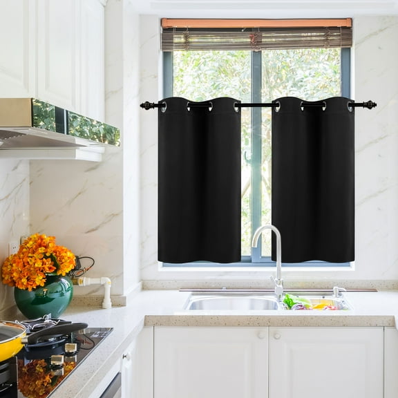 REGALWOVEN 2Pcs Blockout Small Window Curtain Panel Kitchen Curtain, Black 29 x 36 Inch